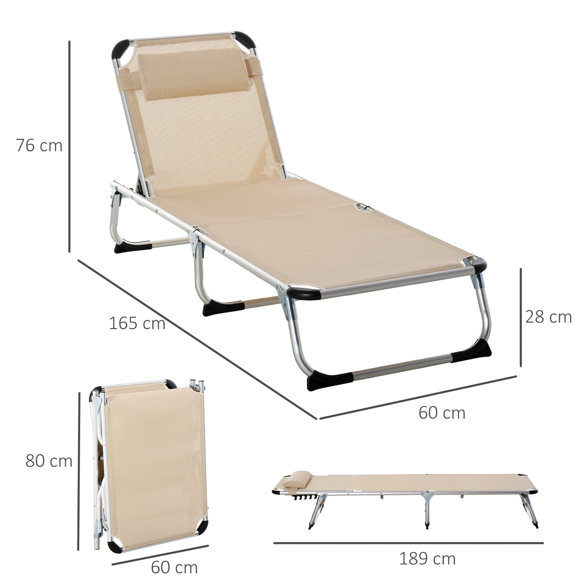 Outsunny Sonnenliege faltbar Gartenliege mit Kopfkissen ergonomisch Relaxliege mit 4-stufig verstellbaren Rückenlehne Alu bis 120 kg belastbar für Garten, Terrasse, Pool, , Strand,Beige