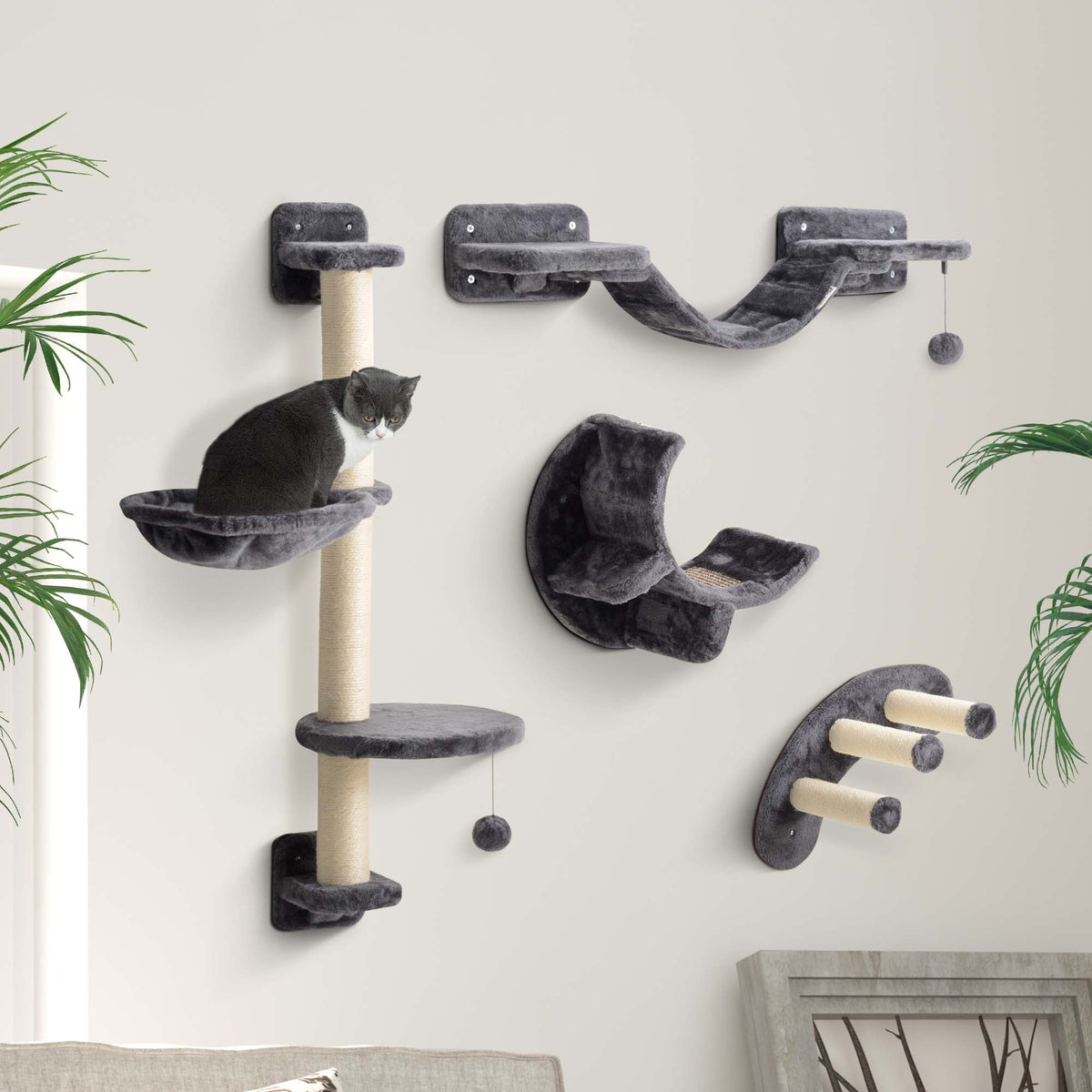 PawHut Kletterwand Katzen 4-teilig Katzen Kletterwand Set mit Hängematte, Katzenbrücke bis zu 5 kg, Dunkelgrau