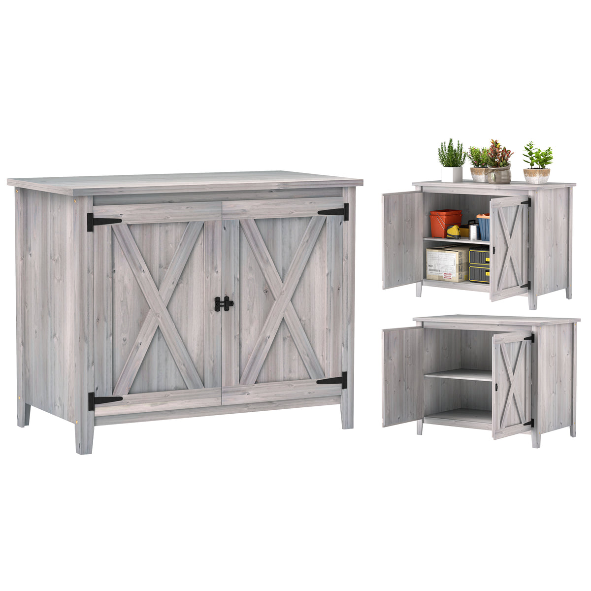 Outsunny Gartenschrank, Holzschrank für Gartengeräte, Outdoor-Schrank für Terrasse, mit Doppeltüren, Scheunendesign, Hellgrau