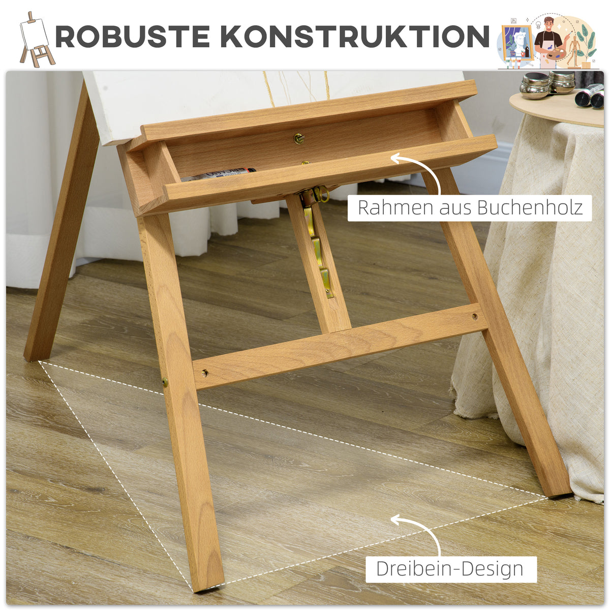 Vinsetto Staffelei, Holzstaffelei, höhenverstellbar, klappbar, Stiftablage, Buchenholz, 65 x 110 x 180-235 cm