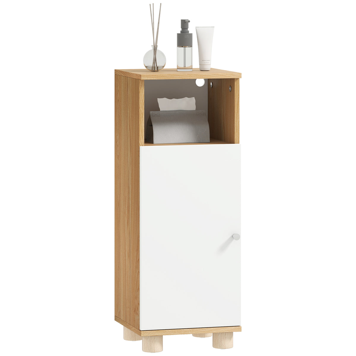 HOMCOM Badezimmerschrank Platzsparend mit 2 Regalen und offenem Fach, 30x30x79,7 cm, Weiß und Holz