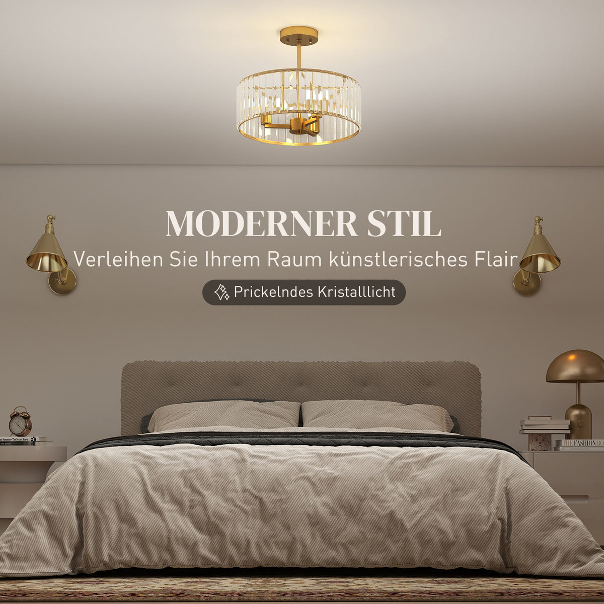 HOMCOM Deckenlampe, Kronleuchter-Design, Kristallschirm, 3 Glühbirnen, Metall, Goldfarben