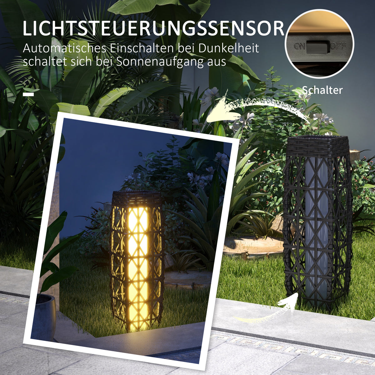 Outsunny Rattan Außenleuchte, Solar Gartenlampe, Einschaltautomatik, LED, wetterfest, Metallrahmen, 20 x 20 x 68cm, Grau