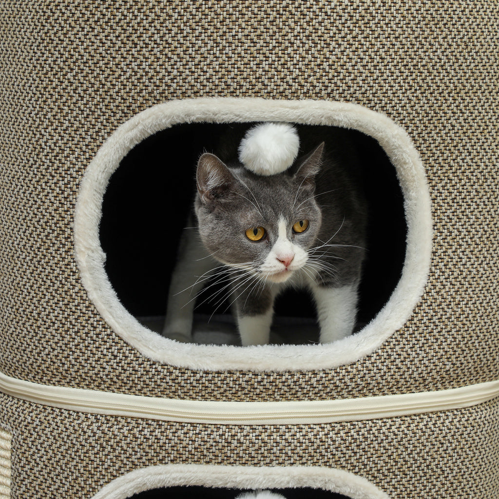 PawHut Katzenfass, 3 Ebenen, mit Kissen, Kratzmatte, Spielbällen, Katzenhaus für Innenbereich, Braun