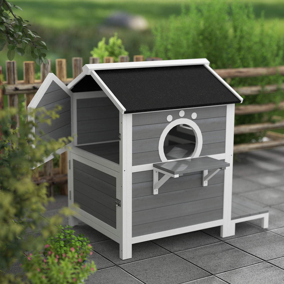PawHut Outdoor-Katzenhaus mit wetterfestem Dach, Fenster, Balkon, herausnehmbarem Boden, 2 Ebenen, für 1-2 Katzen, Grau