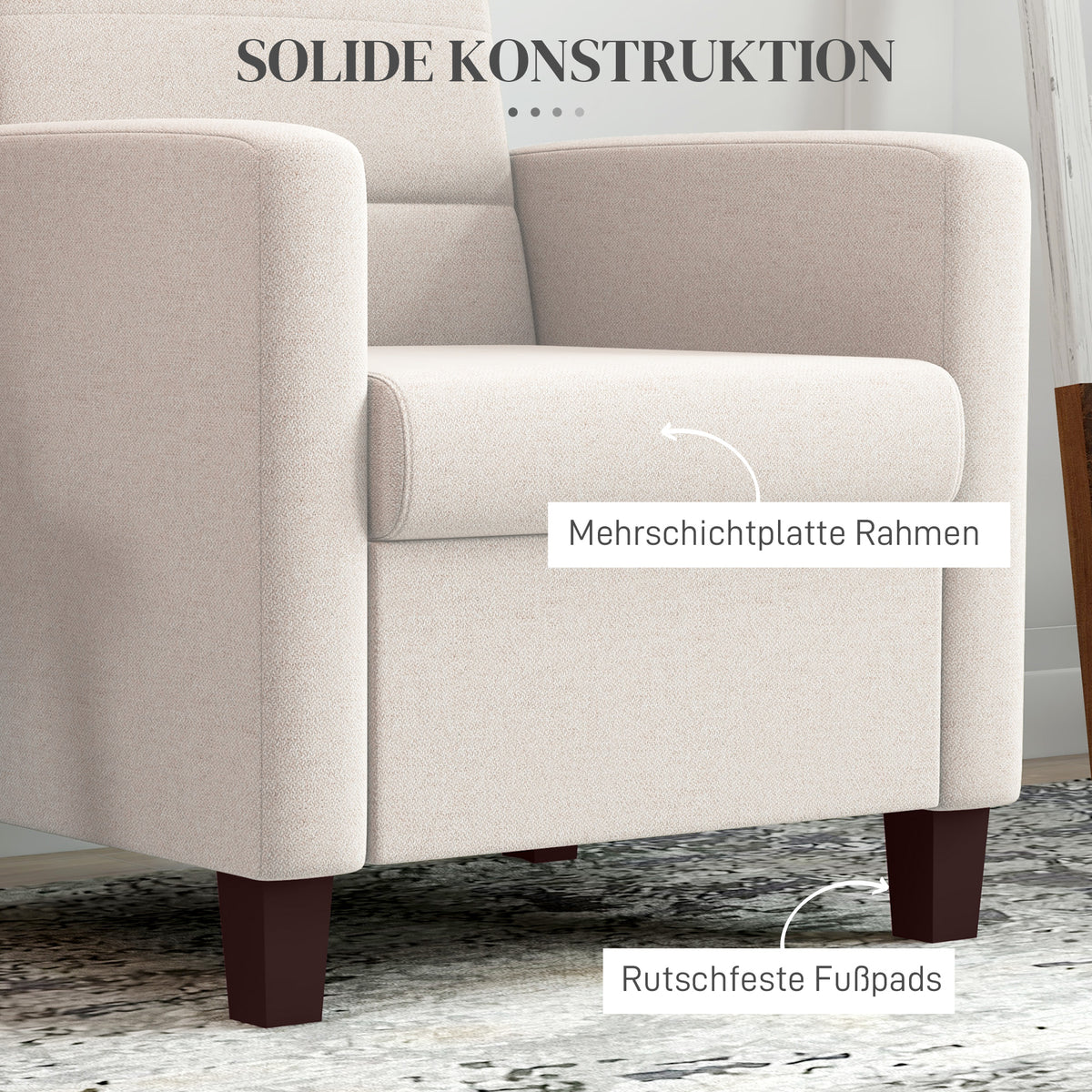 HOMCOM Polstersessel in Leinenoptik, Schaumstoff, Sitzkissen, Holzrahmen, Cremeweiß