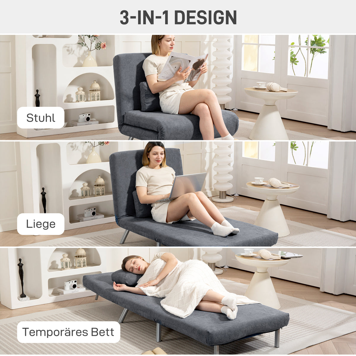 HOMCOM Polstersessel mit Bettfunktion, 2-in-1 Design, Schlafsessel, Gästebett, Stoffbezug, mit Kissen, Dunkelgrau