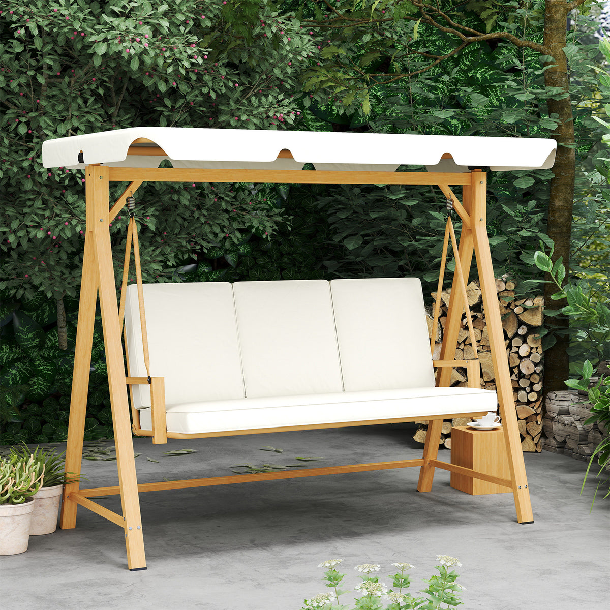 Outsunny Hollywoodschaukel mit verstellbarem Sonnendach Sitzauflage, 3-Sitzer bis 330kg 198 x 120 x 170cm, Beige