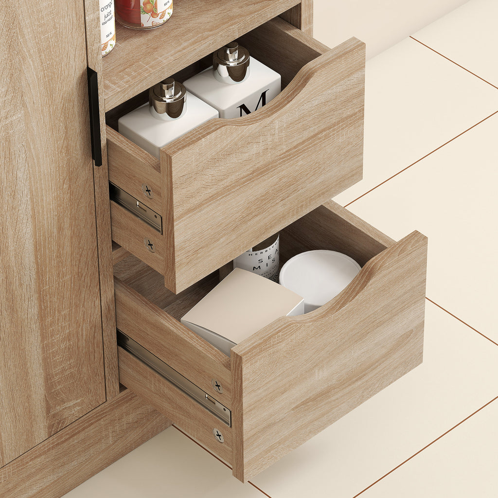 HOMCOM Badezimmerschrank mit 2 Schubladen, offenem Fach und verstellbaren Regalen für kleinen Raum 50x25x100 cm Natur
