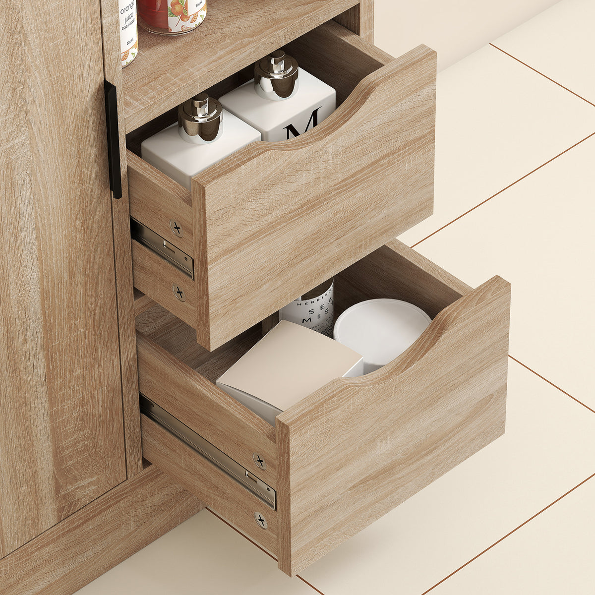 HOMCOM Badezimmerschrank mit 2 Schubladen, offenem Fach und verstellbaren Regalen für kleinen Raum 50x25x100 cm Natur
