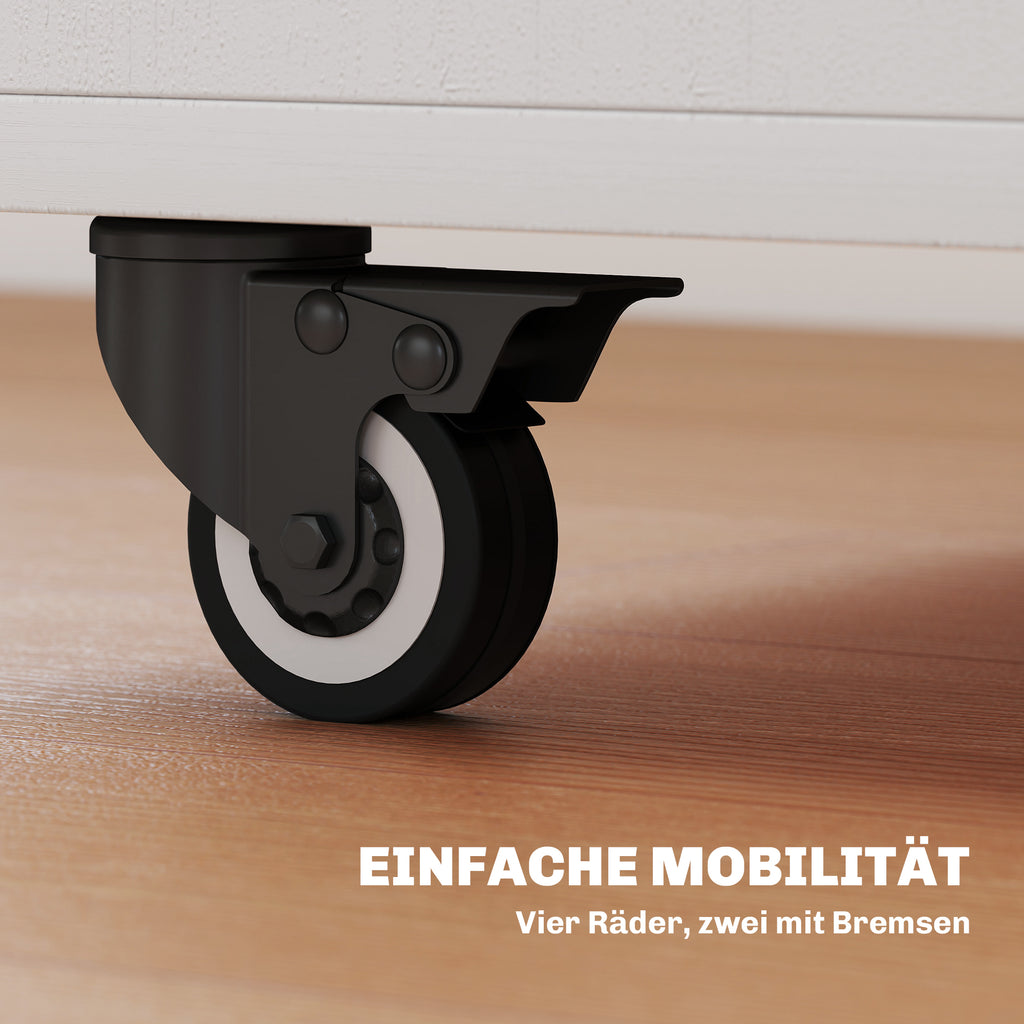 HOMCOM Klapptisch Rollschrank, zwei klappbare Tischseiten, Schrankfach, 4 Rollen, Weiß+Naturholz, 70 x 83 x 75cm