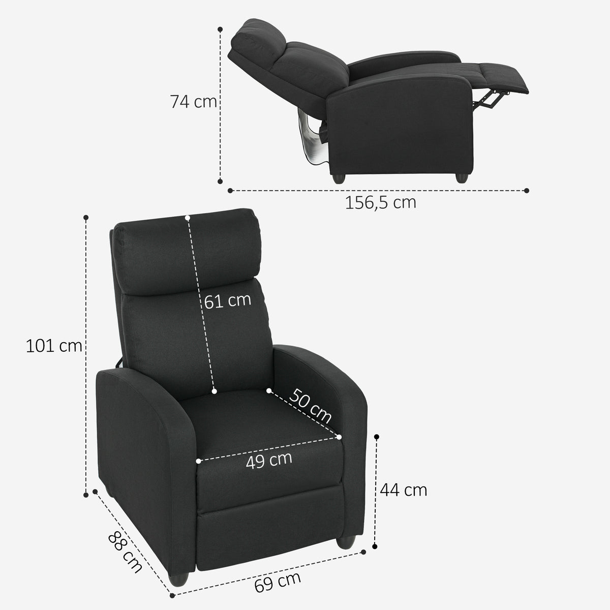 HOMCOM Relaxsessel, verstellbar 135°, ausziehbare Fußstütze, gepolsterte Lehnen, Leinen-Polyester, Schwarz