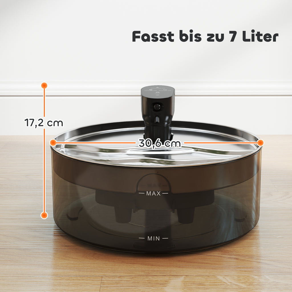 PawHut Katzenbrunnen 7L Trinkbrunnen für Katzen mit leiser Pumpe LED Aktivkohlefilter Edelstahl 30,6 x 30,6 x 17,2 cm