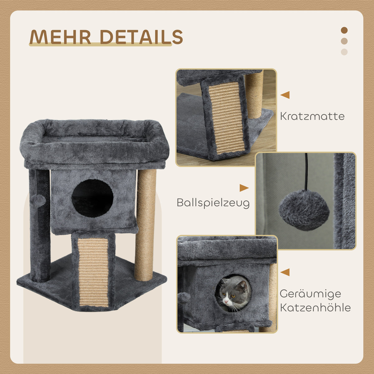 PawHut Kratzbaum mit Jute-Kratzmatte, Liegeplattform, Spielball, Katzenhaus, Beige, 40 x 40 x 57 cm