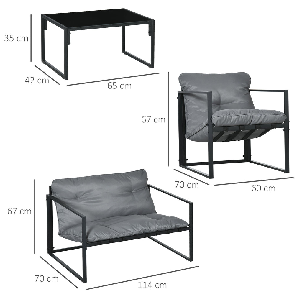 Outsunny Gartenmöbel-Set, 1 Glastisch, 2 Sessel. 1 Sofa, wetterbeständig,114 cm x 70 cm x 67 cm, Grau+Schwarz