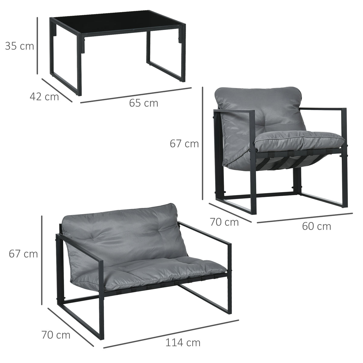 Outsunny Gartenmöbel-Set, 1 Glastisch, 2 Sessel. 1 Sofa, wetterbeständig,114 cm x 70 cm x 67 cm, Grau+Schwarz
