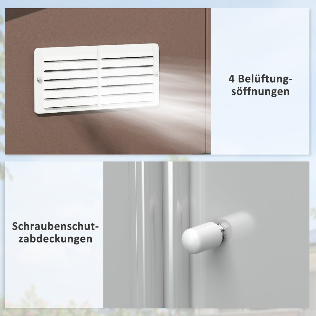 Outsunny Geräteschuppen, Wetterfestes Gartenhaus für Gartengeräte, mit Belüftungsfenstern, Schiebetüren, Stahl, Braun