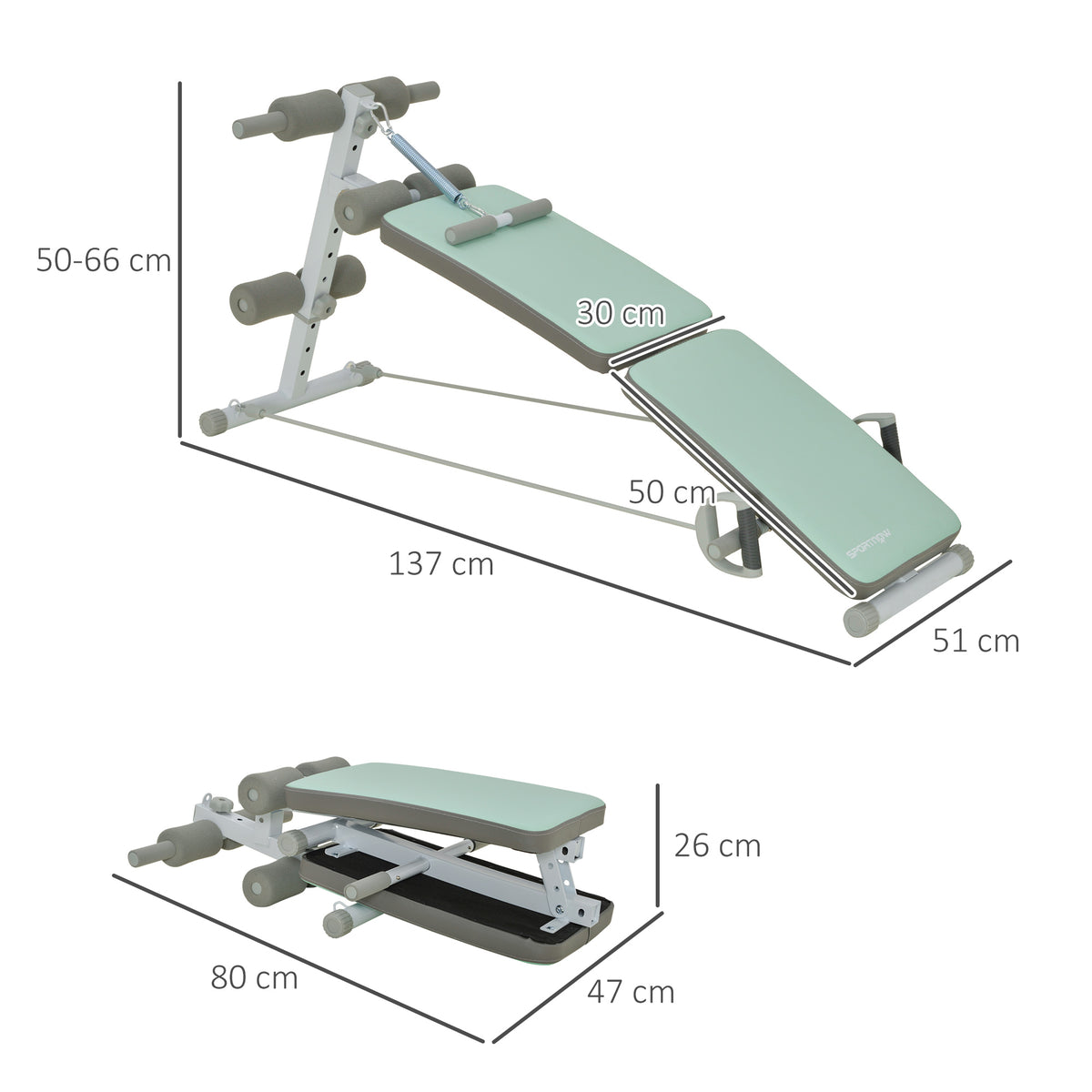 SPORTNOW Trainingsbank, Bauchtrainer, höhenverstellbar, klappbar, 2 Widerstandsbänder, Stahl, grün, 51 x 137 x 50-66 cm