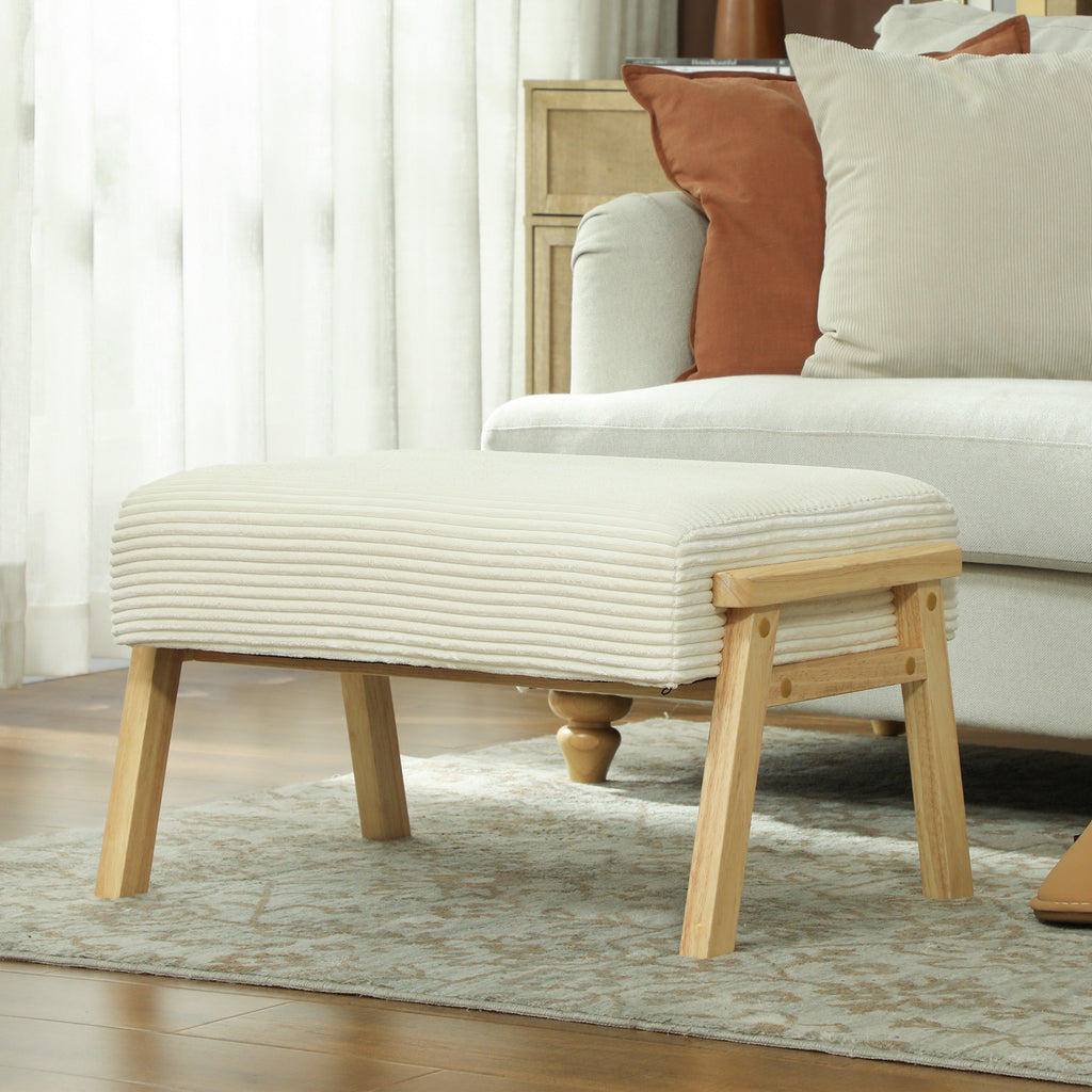 HOMCOM Sitzhocker Hocker mit weichem Sitzkissen Holzbeinen Fußhocker mit Cordoptik Cremeweiß
