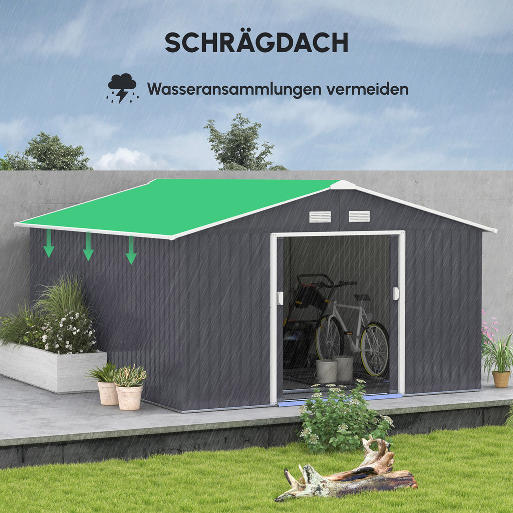 Outsunny Geräteschuppen, Wetterfestes Gartenhaus für Gartengeräte, mit Belüftungsfenstern, Schiebetüren, Stahl, Kohlegrau