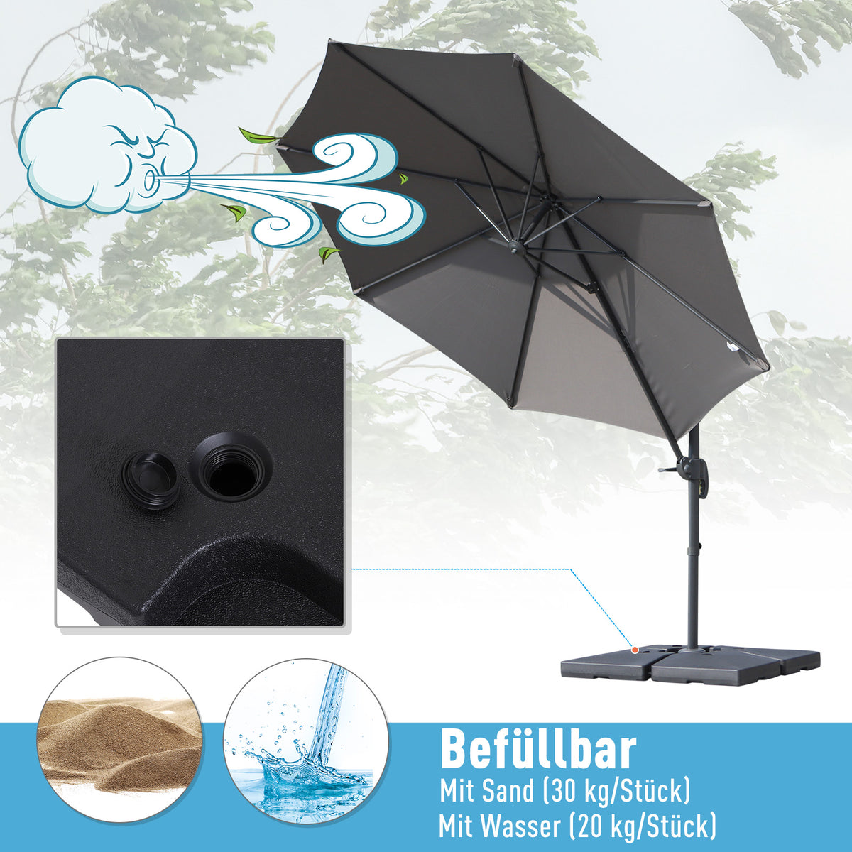 Outsunny 4 x Sonnenschirmgewicht Sonnenschirmständer befüllbar mit Sand Wasser HDPE-Kunststoff Schwarz Maße pro Element 51 x 51 x 12 cm bis zu 130 kg