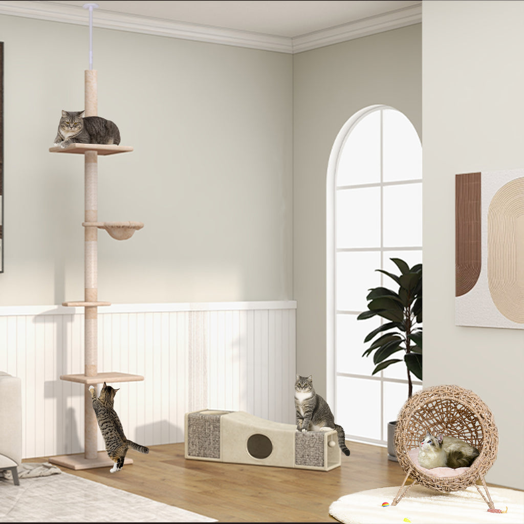 PawHut Katzentunnel, 2 Katzenhöhlen, Kratzflächen und Ballspielzeug, 98 cm x 30 cm x 30 cm, Braun + Beige