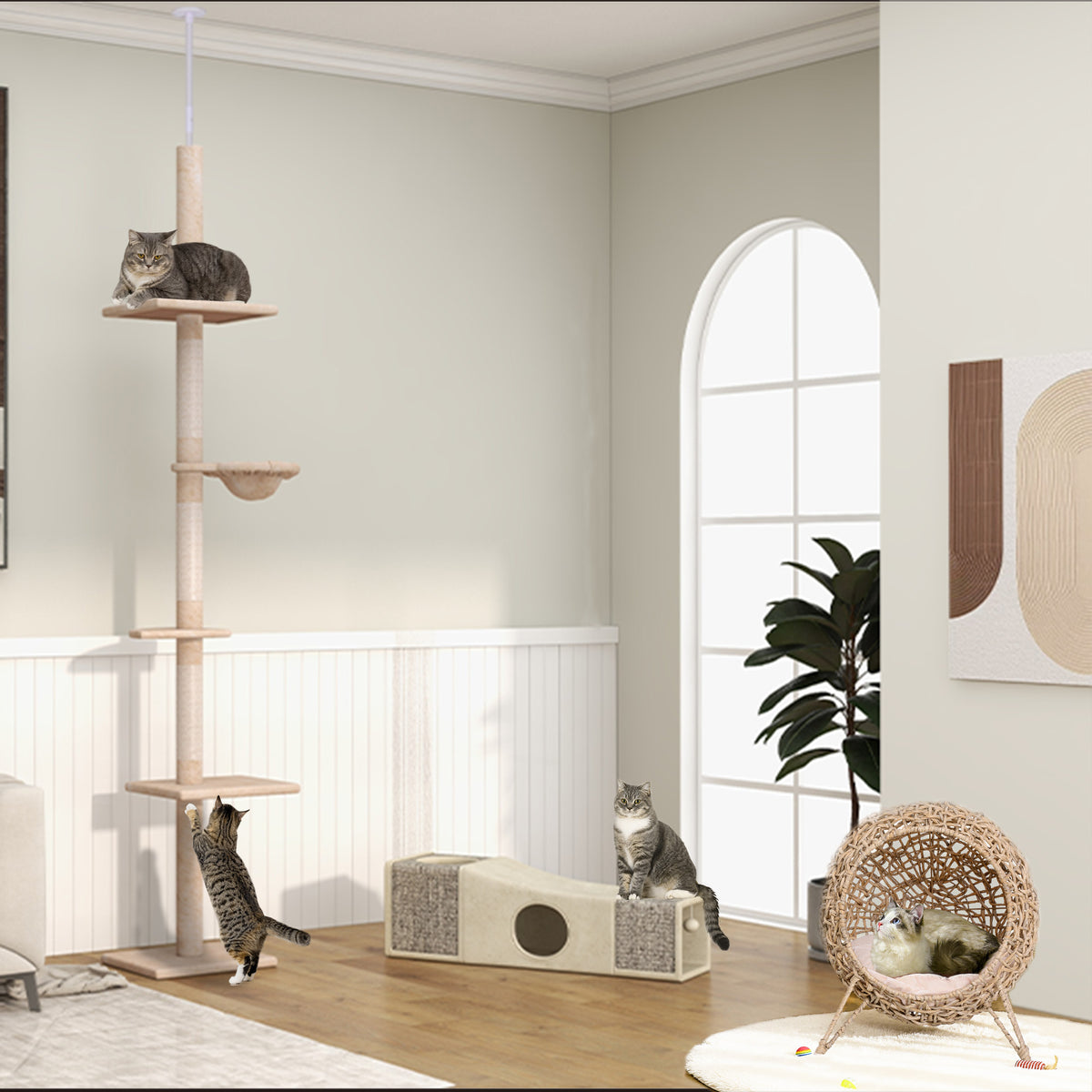 PawHut Katzentunnel, 2 Katzenhöhlen, Kratzflächen und Ballspielzeug, 98 cm x 30 cm x 30 cm, Braun + Beige