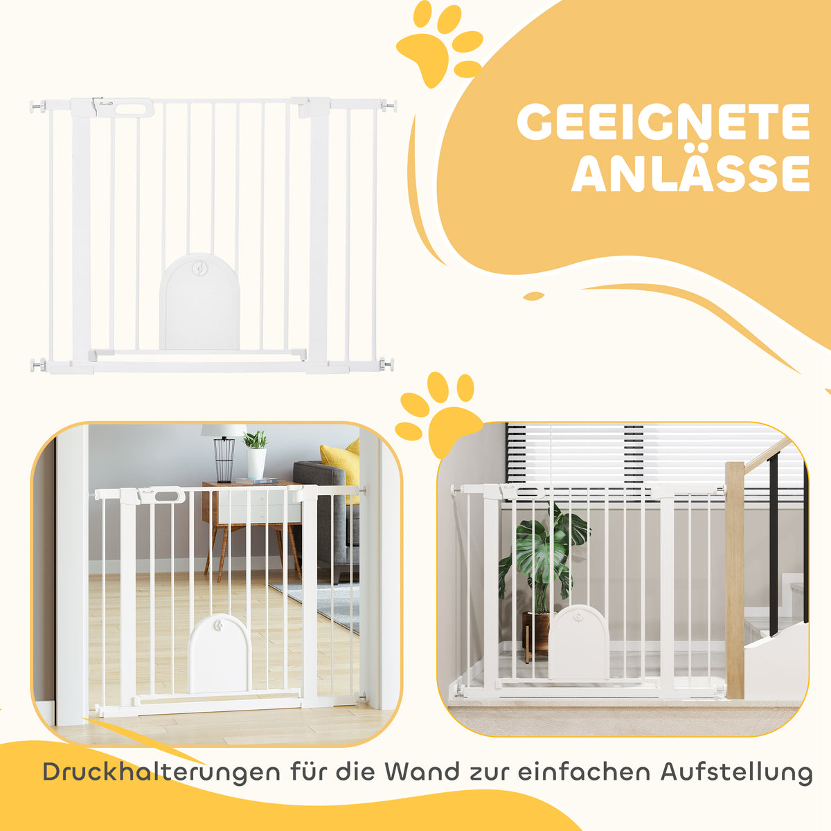 PawHut Absperrgitter für Haustiere, verstellbar, mit kleiner Tür, Stahl, Kunststoff, Weiß