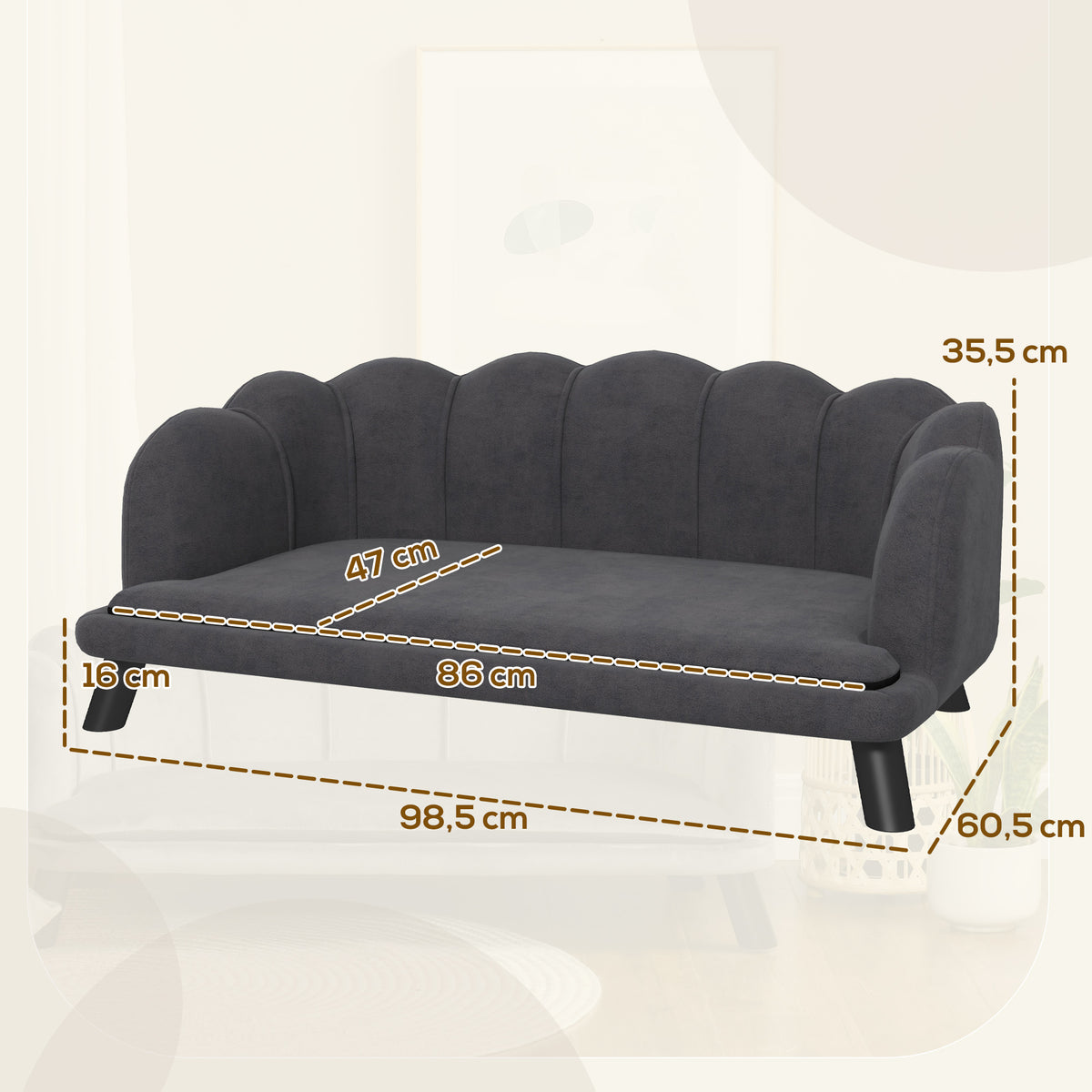 PawHut Hundesofa Hundecouch, Waschbarer Bezug, Haustiersofa mit Rückenlehne und Holzbeine, Katzensofa, für mittelgroße Hunde unter 25 kg, Dunkelgrau
