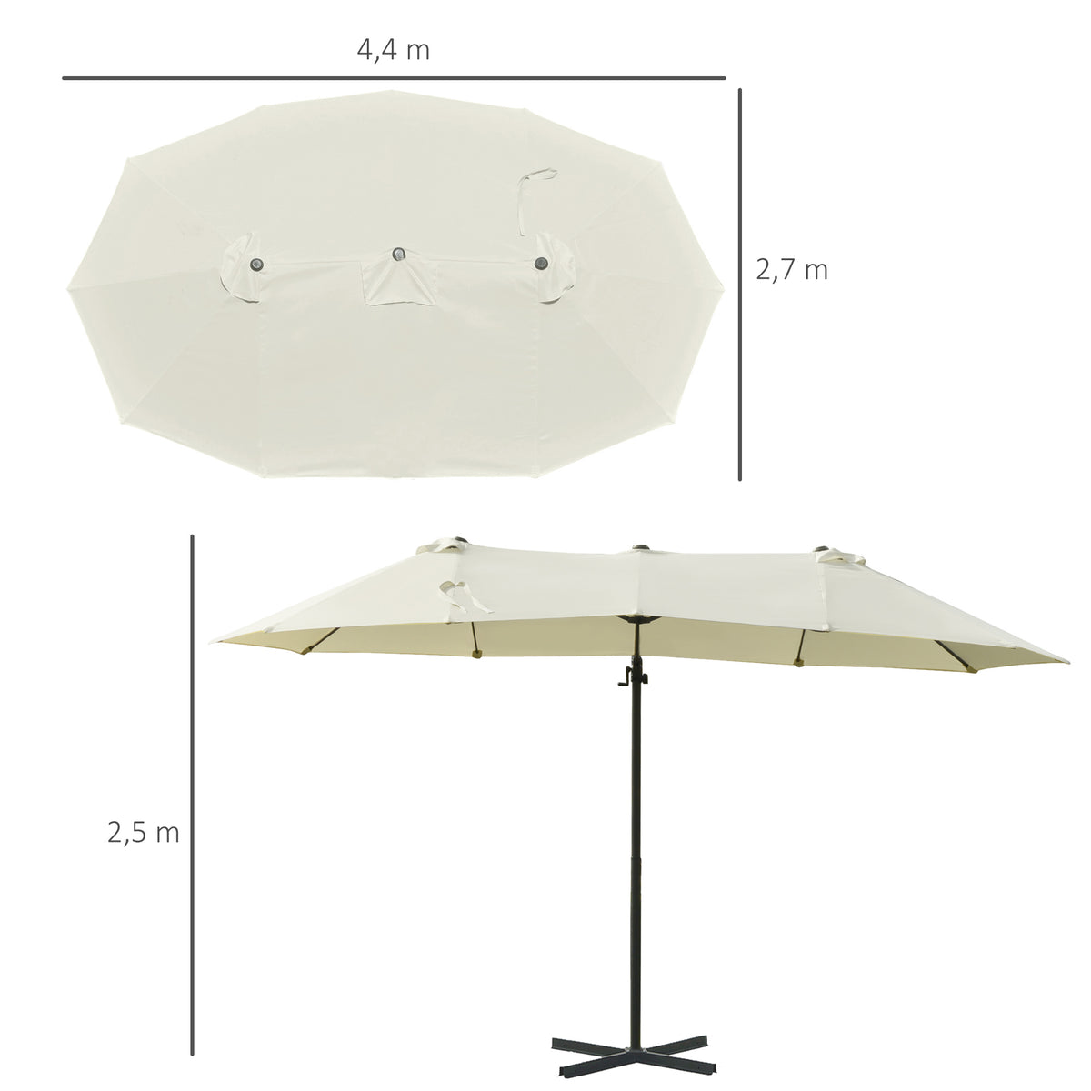 Outsunny Doppelsonnenschirm Ampelschirm Doppelschirm mit Kurbel Verstellbarer Gartenschirm Sonnenschutz Metall Cremeweiß 440 x 270 x 250 cm