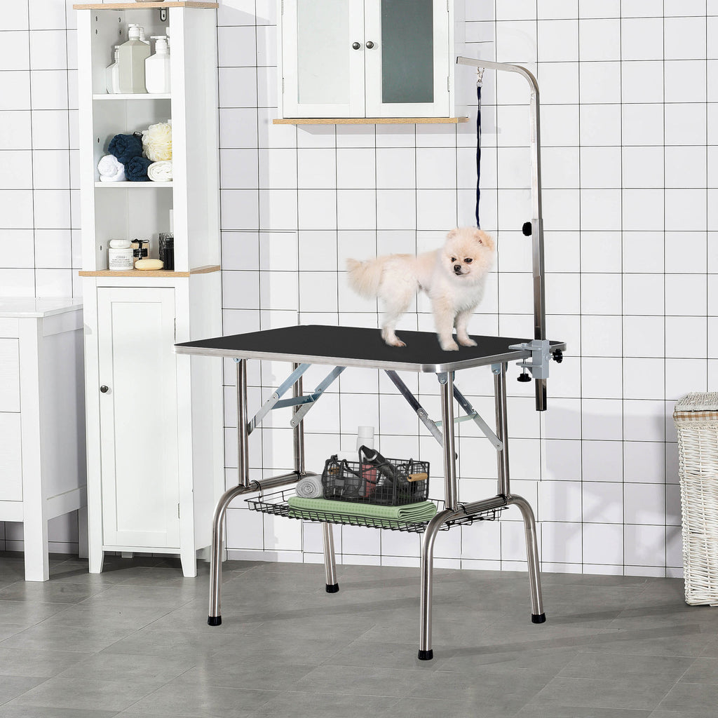 PawHut Trimmtisch Tierpflegetisch Schertisch mit Korb Hundepflegetisch klappbar Hundefriseurtisch Hunde Badetisch höhenverstellbar Edelstahl Schwarz