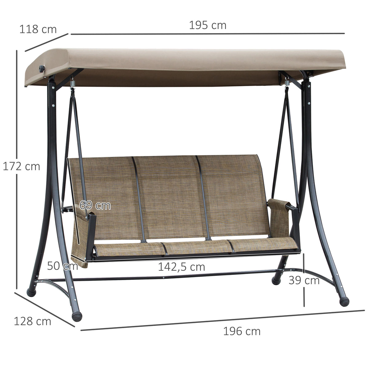 Outsunny 3-Sitzer Hollywoodschaukel, Gartenschaukel mit Sonnendach, Schaukelbank mit Ablage, Aluminium, 196 x 128 x 172 cm, Braun