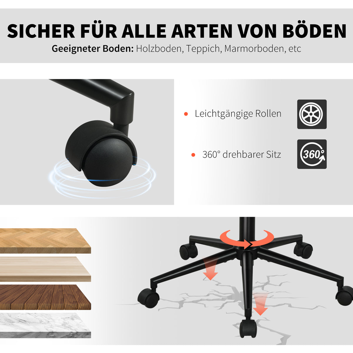 HOMCOM Drehbarer Bürostuhl mit Rollen, Schreibtischstuhl, Fleece-Stoff, Schaumstoff, höhenverstellbar, Homeoffice, Cremeweiß