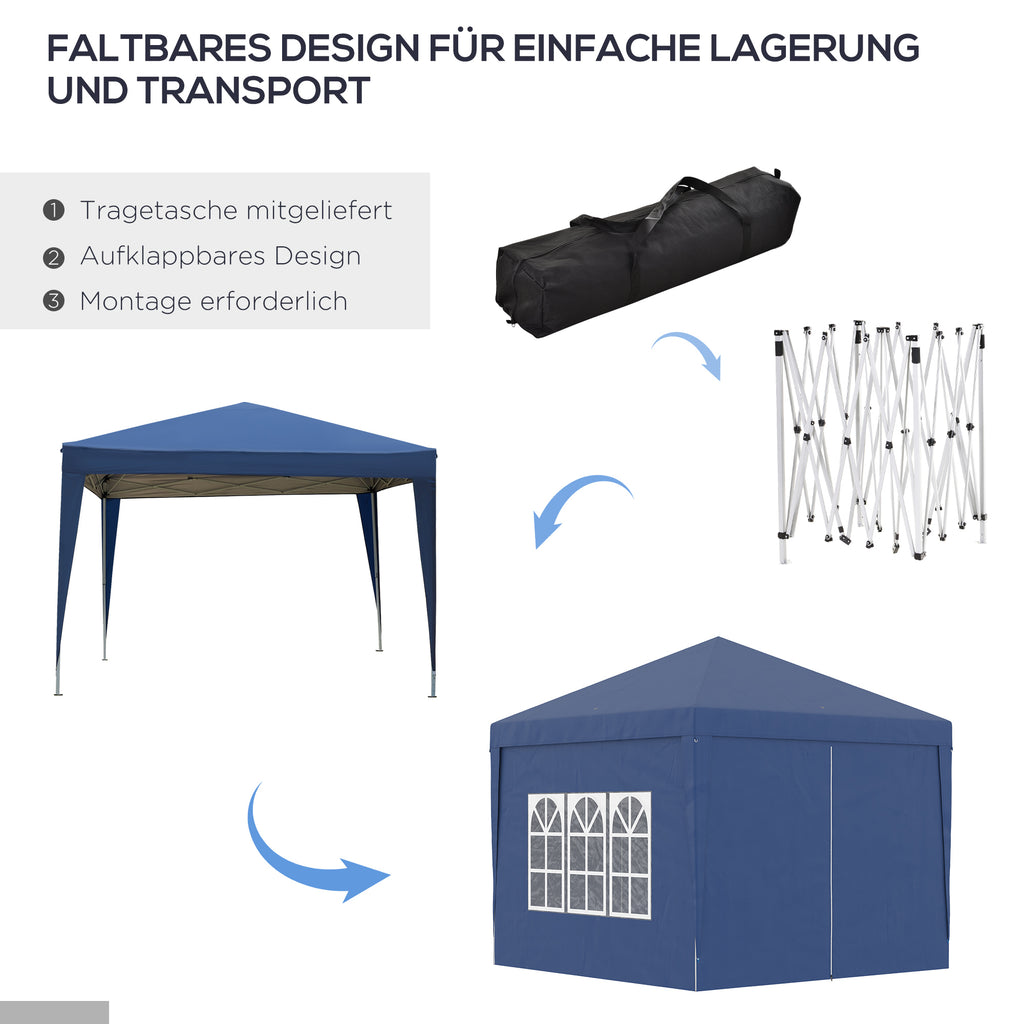 Outsunny 3 x 3 m Pavillon mit 4 Seitenwänden, Fenster, Festzelt mit UV-Schutz, Gartenzelt inkl. Tragetasche, Stahl, Blau