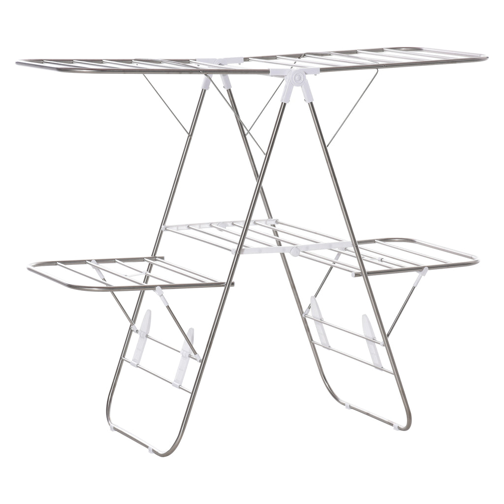 HOMCOM Wäscheständer Standtrockner faltbar 3-stufiger Flügelwäschetrockner Trockengestell Trockenständer Edelstahl Kunststoff Silber Weiß 138 x 60,5 x 112 cm