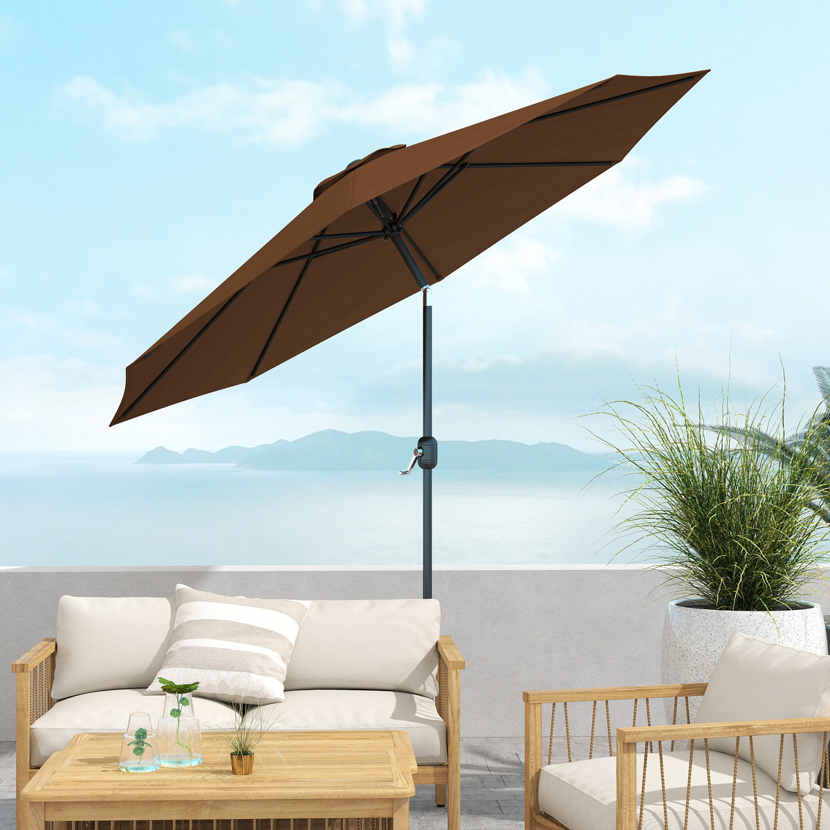 Outsunny Sonnenschirm Knickschirm Gartenschirm Marktschirm mit Handkurbel Stahl 180/m² Polyester Braun Ø2,95 x 2,5 m