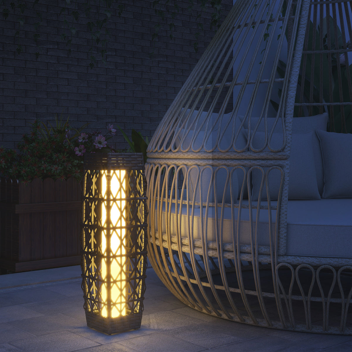 Outsunny Rattan Außenleuchte, Solar Gartenlampe, Einschaltautomatik, LED, wetterfest, Metallrahmen, 20 x 20 x 68cm, Grau