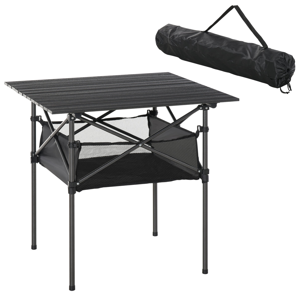 Outsunny Campingtisch aus Aluminium faltbar Klapptisch Falttisch mit Netztasche tragbarer Picknicktisch für Camping Garten Party Picknick Balkon Schwarz 70 x 70 x 69 cm