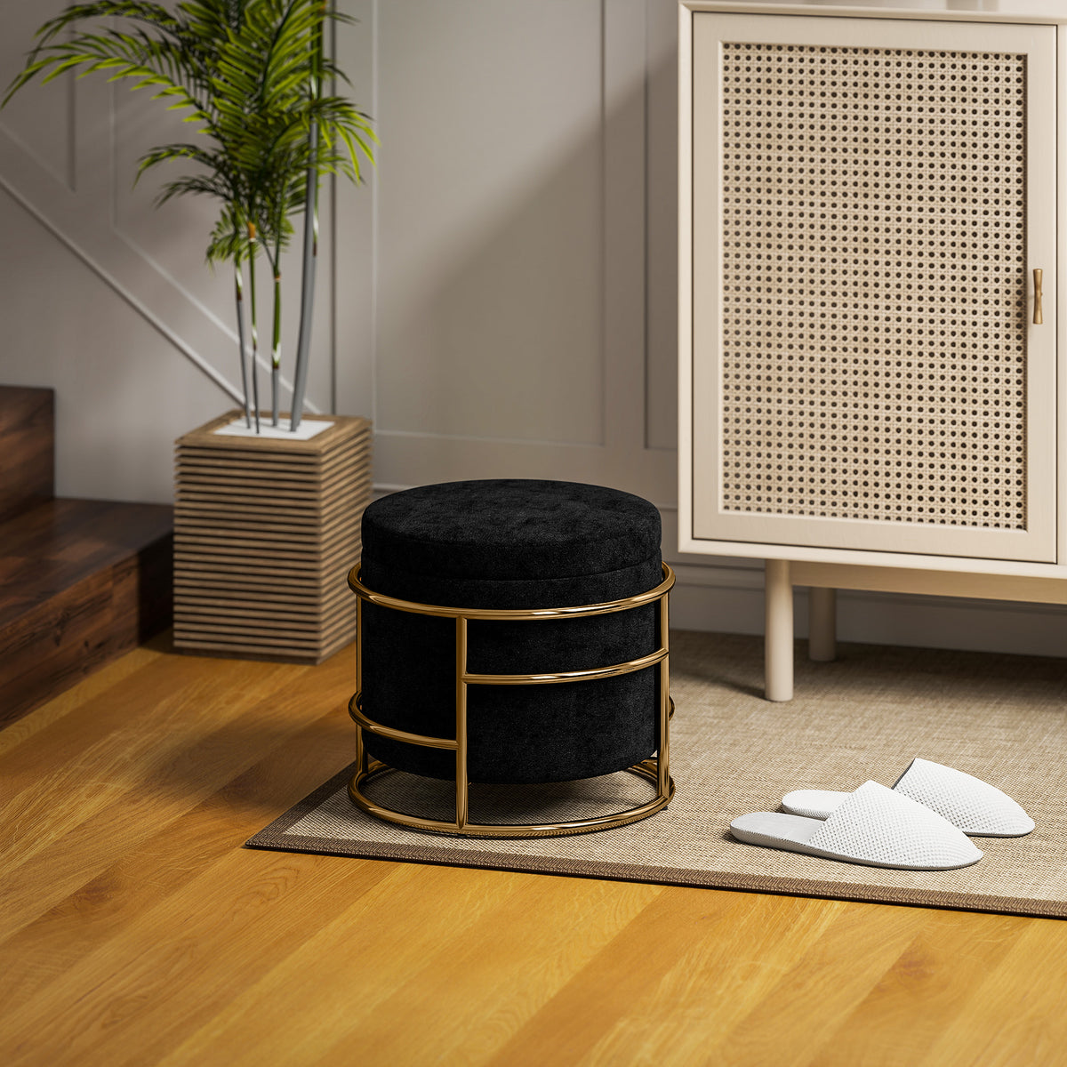HOMCOM Sitzhocker mit Stauraum, gepolsterter Fußhocker, Metallrahmen, vergoldet, Schwarz