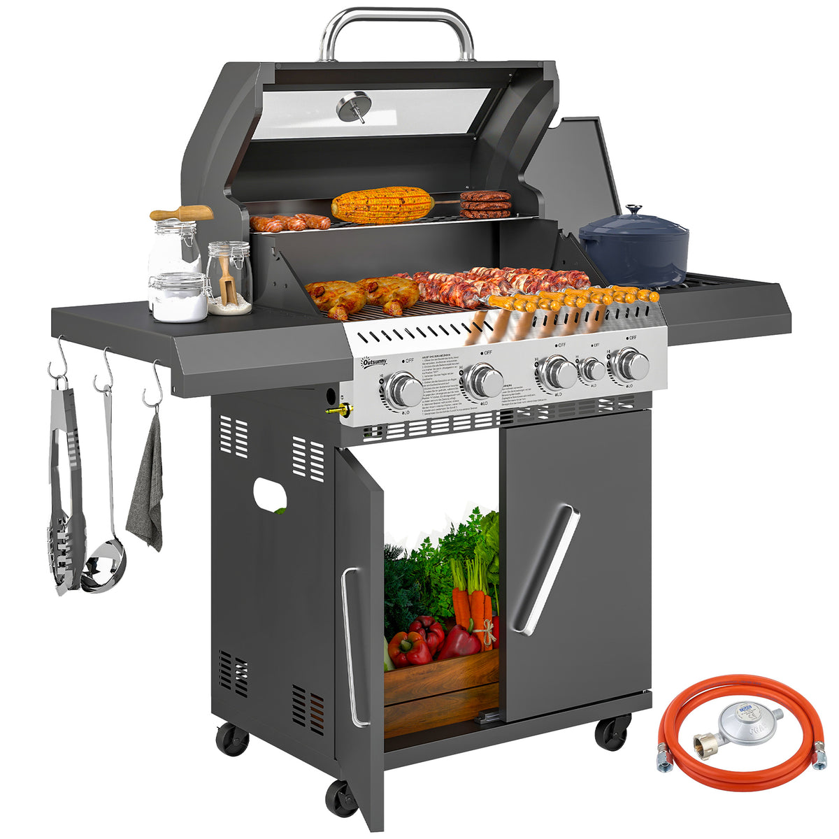 Outsunny Gasgrill 12 KW Grillwagen inkl 5 Brenner Seitenkocher Rolle Deckel Thermometer Seitenablagen 135 x 54 x 110 cm