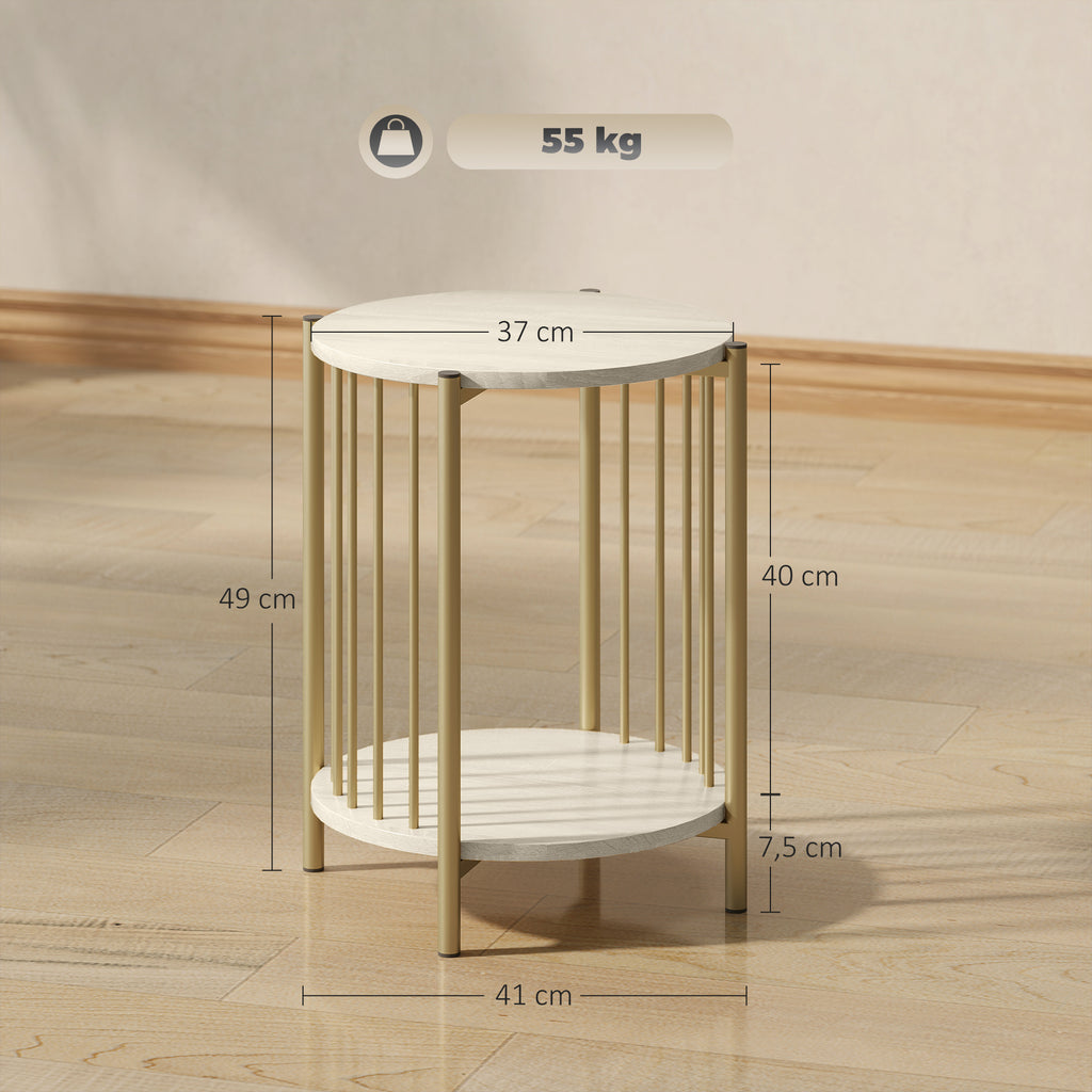 HOMCOM Runder Beistelltisch mit 2 Ebenen und Stauraumregal aus Stahl für Wohnzimmer Schlafzimmer Ø41x49 cm Natur