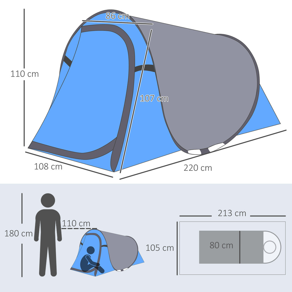 Outsunny Pop-up Campingzelt - 2-Personen Campingzelt - 1 Tür + 2 Fenster - Abmessungen 2,2L x 1,08B x 1,1H m - Fiberglas Polyester Blau Grau