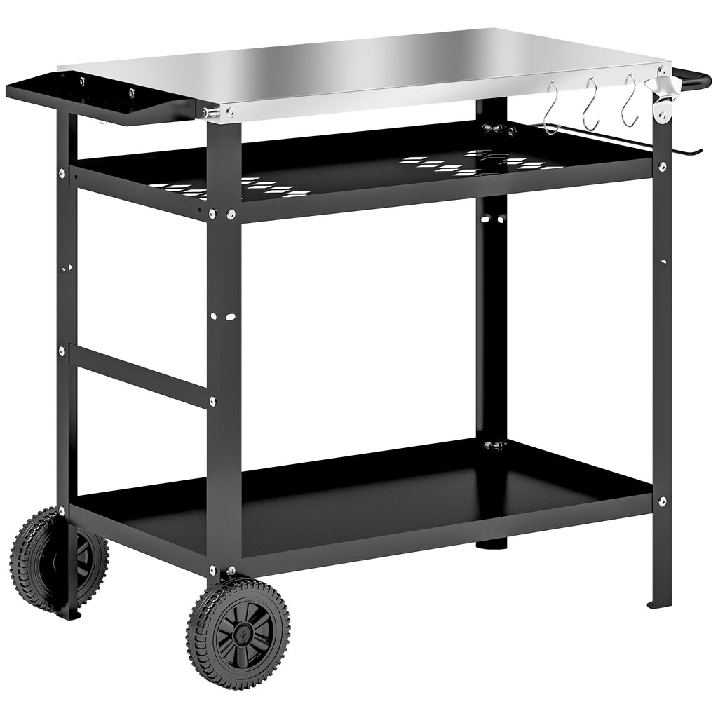 Outsunny Grillwagen 3-Etagen Servierwagen mit Arbeitsfläche Griffe Hülle Räder, BBQ Grilltisch Edelstahl 100x52x80cm Schwarz