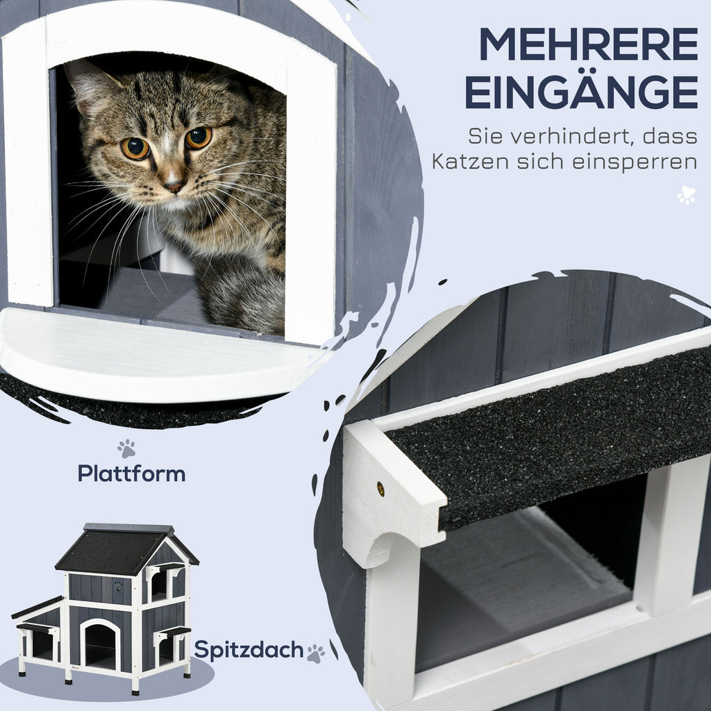 PawHut Outdoor-Katzenhaus, zweistöckig, Bodenabstand, Naturholz, Asphaltdach, grau, 96 x 65 x 85,5 cm
