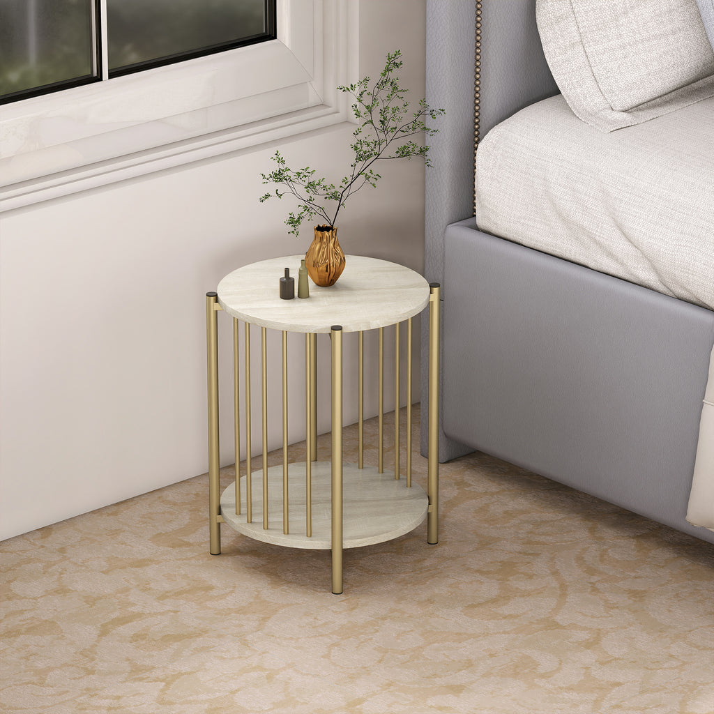 HOMCOM Runder Beistelltisch mit 2 Ebenen und Stauraumregal aus Stahl für Wohnzimmer Schlafzimmer Ø41x49 cm Natur