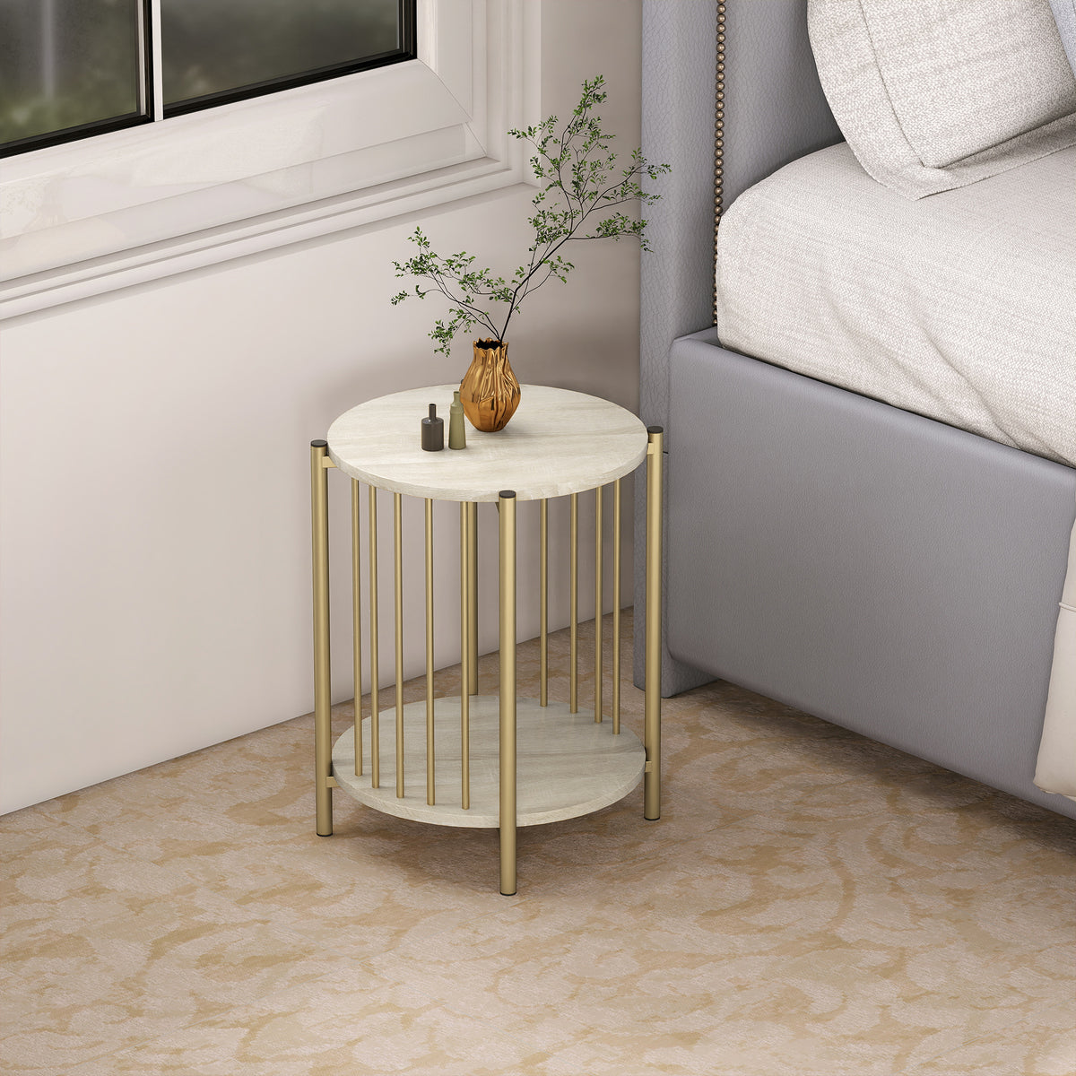 HOMCOM Runder Beistelltisch mit 2 Ebenen und Stauraumregal aus Stahl für Wohnzimmer Schlafzimmer Ø41x49 cm Natur