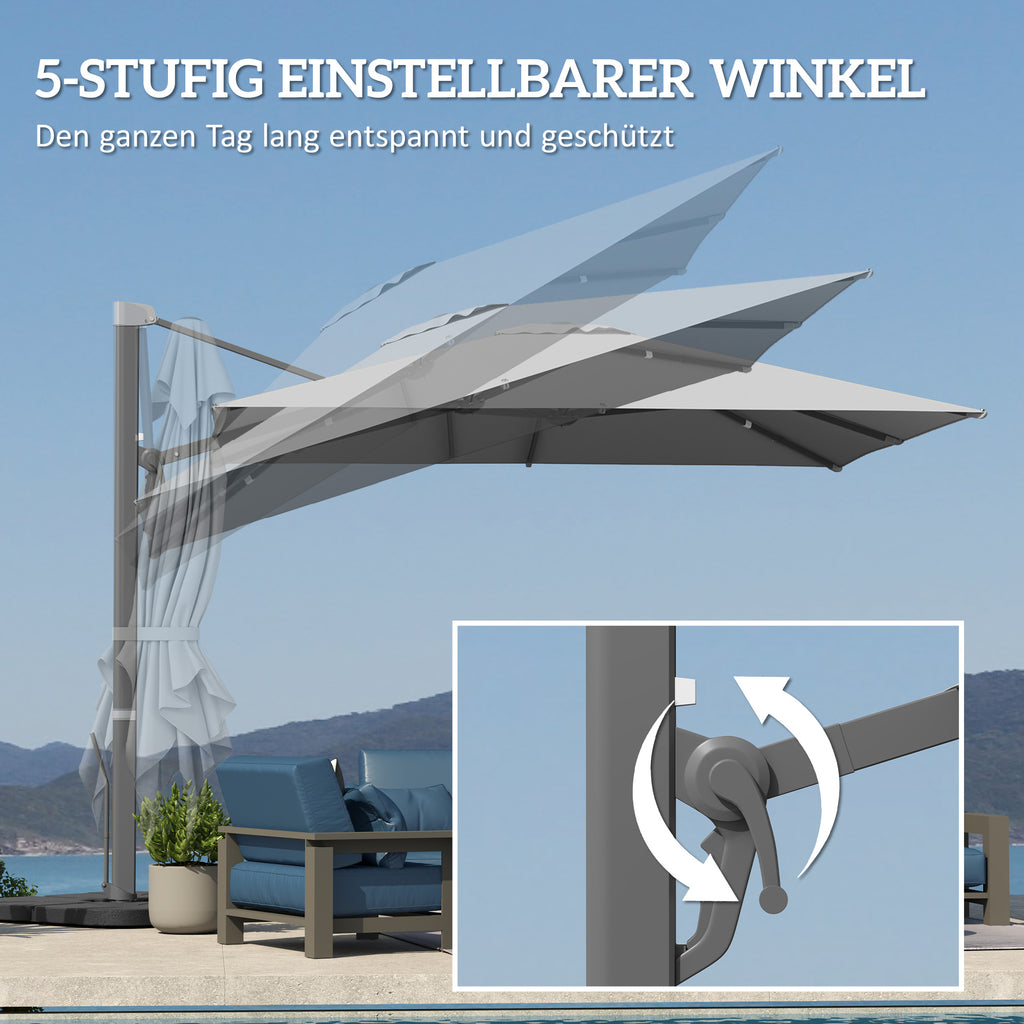 Outsunny Alu Ampelschirm 3 x 3 m 360° drehbar Sonnenschirm mit Kurbel Ständer Windschutz Hellgrau