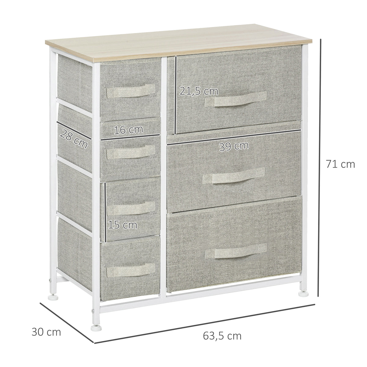HOMCOM Kommode mit 7 Schubladen aus Stoff, Schubladenkommode, modernes Aufbewahrungsmöbel, Stahlrahmen, 63,5 x 30 x 71 cm, grau
