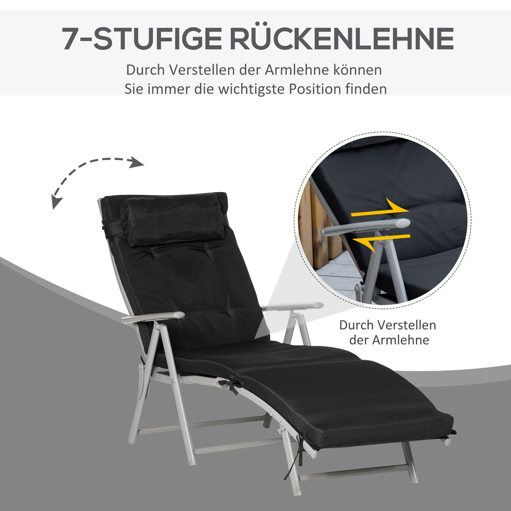 Outsunny Sonnenliege klappbar Strandliege mit Kopfkissen Sitzkissen Liegestuhl mit 7-Fach verstellbare Rückenlehne Gartenliege Relaxliege bis 165 kg belastbar, für Garten Urlaub Outdoor, Schwarz
