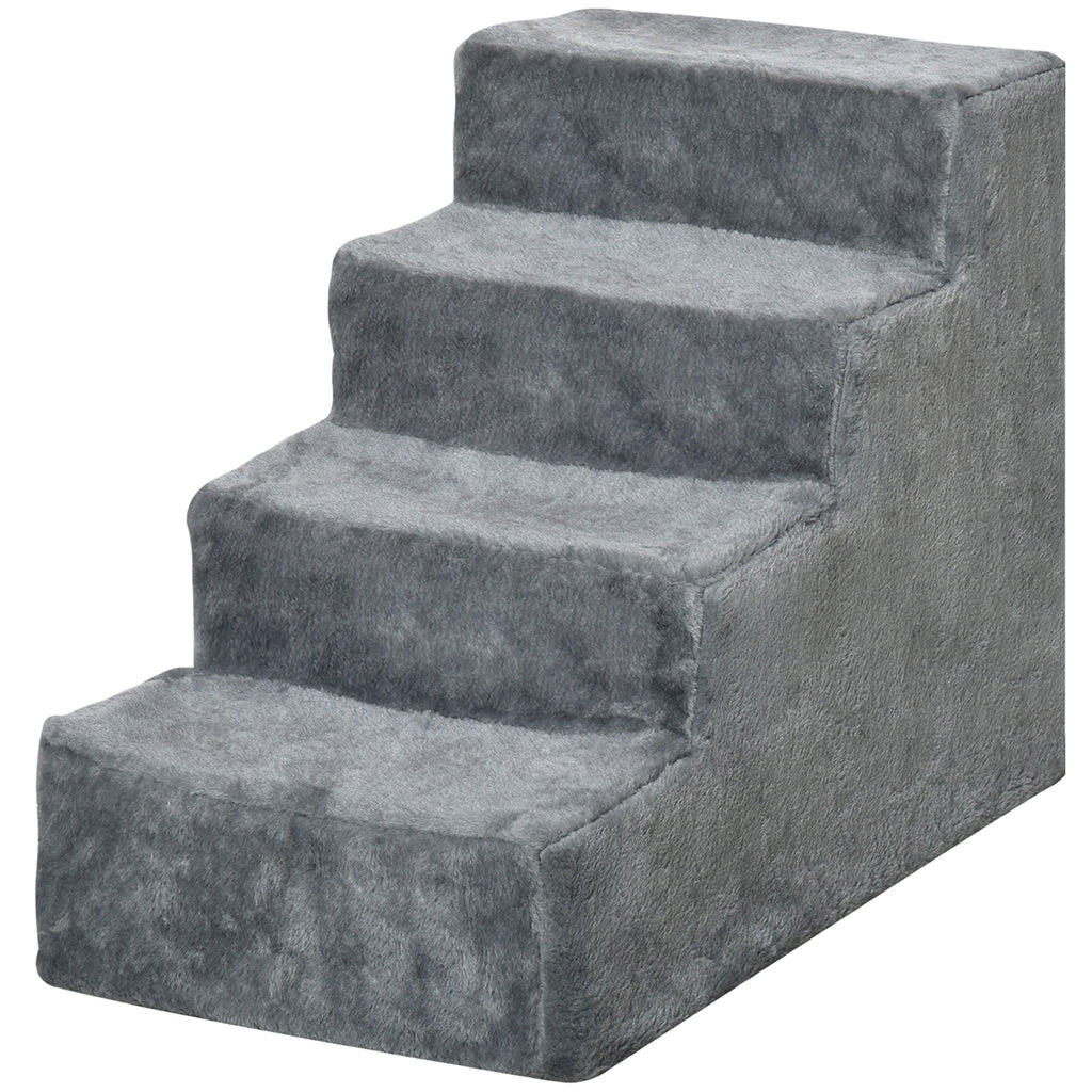 PawHut Hundetreppe 4-stufig, 35 cm Katzentreppe für Bett und Sofa, Haustiertreppe für Hunde und Katzen bis 5 kg, Plüschoptik, Hellgrau